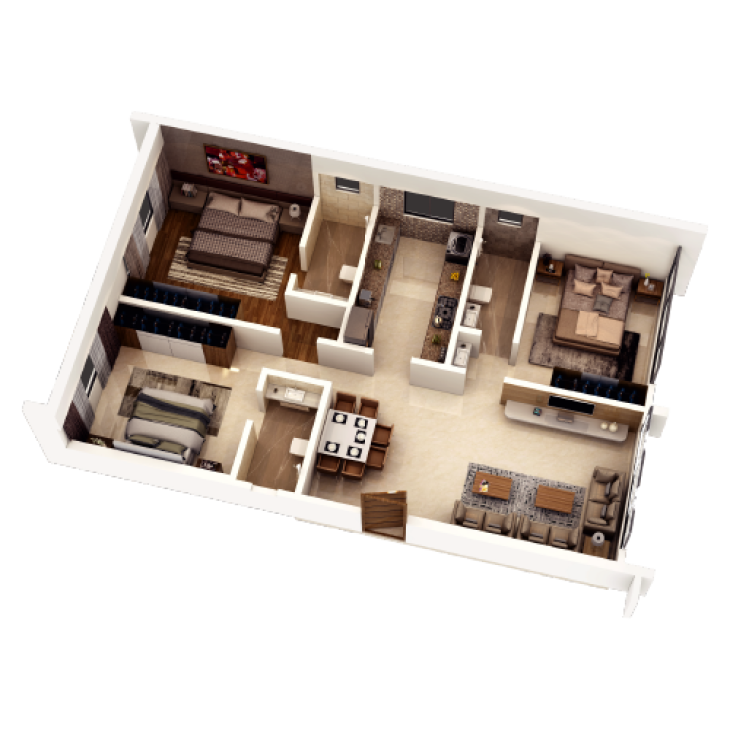 3D view of 3BHK-1044 sqft(B wing)